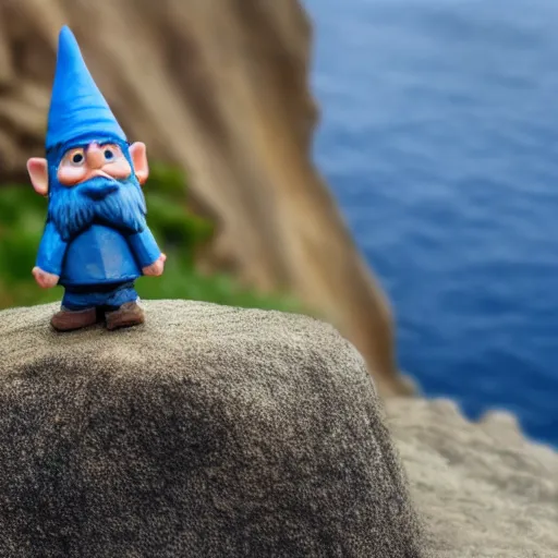 Prompt: cinematic front shot of a blue gnome standing on the edge of a cliff by the ocean, 8k, highly intricate, highly detailed,