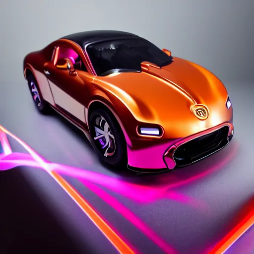 Image similar to award winning product photography, 3 5 mm lens, of a glossy orange metallic and shiny purple metallic shiny ergonomic hololens in style of a bugatti cheyvron, studio lighting,