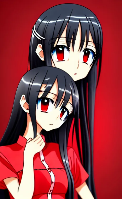 Image similar to anime girl with a detailed face and black hair in a red outfit, full body, trending, blank space at the top, illustration