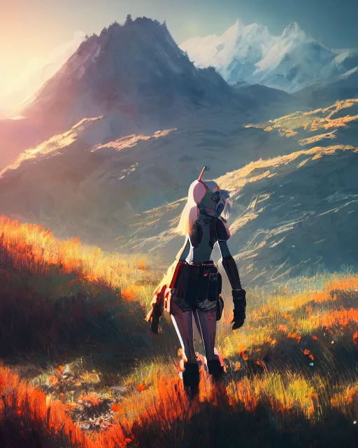 Image similar to friendly carrot cyborg, scifi farm, morning light, cinematic, mountains, atmosphere, welcoming smile, high quality, perfect, 8 k high detail, masterpiece, trending on artstation, by akihiko yoshida