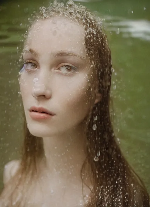 Image similar to Kodak Portra 400, 8K, soft light, volumetric lighting, highly detailed, britt marling style 3/4 ,portrait photo Close-up portrait photography of a beautiful woman how pre-Raphaelites, the face emerges from a pond surrounded by lily pads, thermal waters flowing down white travertine terraces, inspired by Ophelia paint ,and hair are intricate with highly detailed realistic beautiful flowers , Realistic, Refined, Highly Detailed, interstellar outdoor soft pastel lighting colors scheme, outdoor fine art photography, Hyper realistic, photo realistic