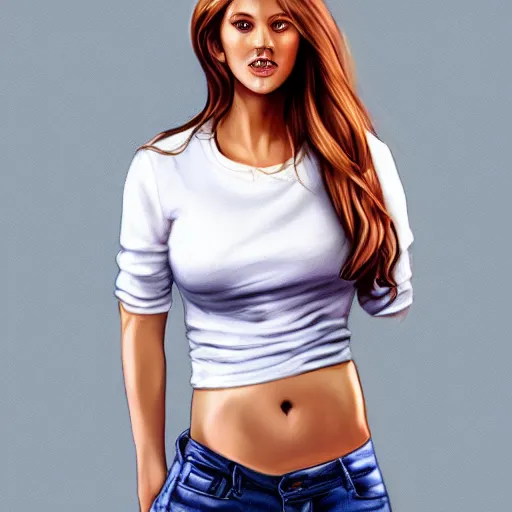 Image similar to woman in jeans wih belly, white t - shirt, realistic style, digital painting, diego fazio, samuel silva