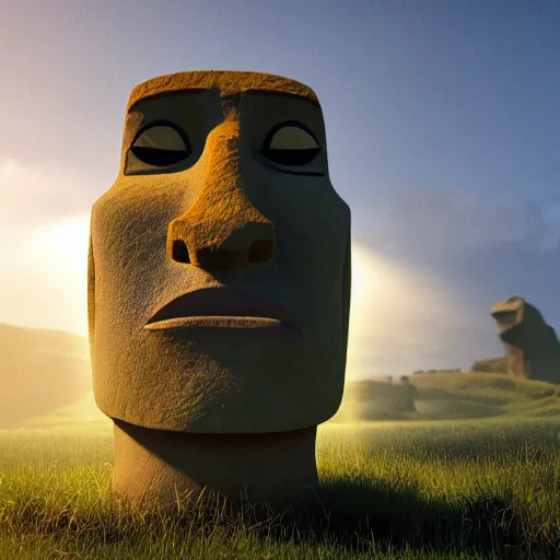 Image similar to worlds worst easter island statue with the face of Gru, nose of Gru, Gru of despicable me, soft lighting, crepuscular rays, realistic octane render, 8k, ultra detailed, concept art