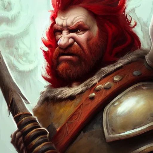 Prompt: masterpiece digital painting portrait of a ( troll slayer dwarf ), red hair, epic, cinematic lights, with an axe, by boris vallejo and samwise didier, warhammer battle, artstation, pinterest, unreal engine render, 8 k, detailed