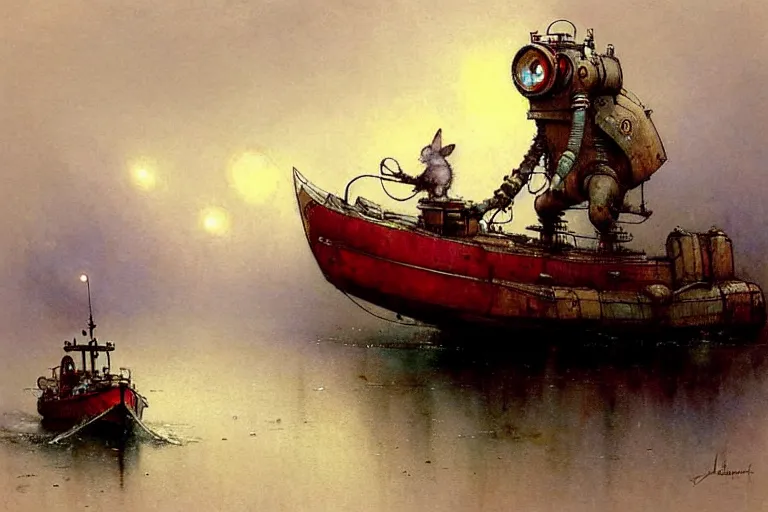 Image similar to adventurer ( ( ( ( ( 1 9 5 0 s retro future robot android mouse house boat tug boat calm stream. muted colors. ) ) ) ) ) by jean baptiste monge!!!!!!!!!!!!!!!!!!!!!!!!! chrome red