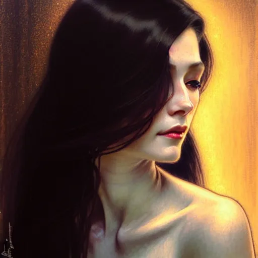 Image similar to portrait of a smiling, beautiful, pale skin female with long black hair, dark brown eyes, elegant clothing, photorealistic, highly detailed, artstation, smooth, sharp focus, neon lighting, sci - fi, art by gustav klimt, artgerm, greg rutkowski and alphonse mucha