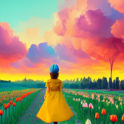 Image similar to girl with a giant tulip head, surreal photography, flower field, sunset dramatic light, impressionist painting, colorful clouds, blue sky, digital painting, artstation, simon stalenhag