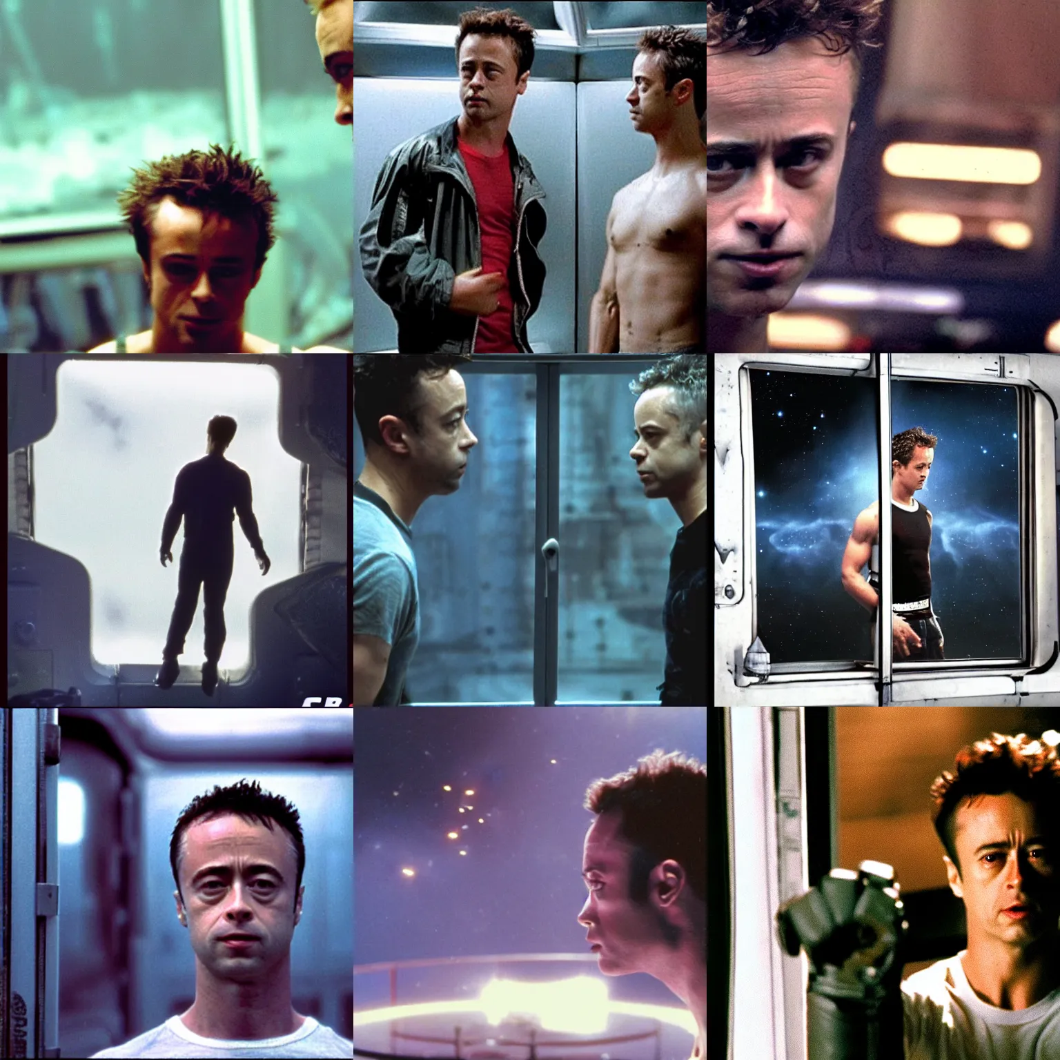 Prompt: fight club final scene window in space