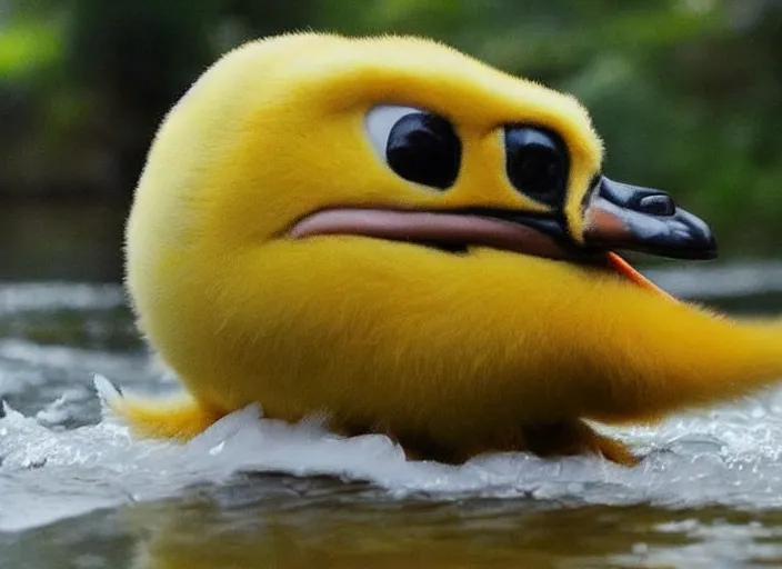 Image similar to real life pokemon psyduck, adorable, wet, ultra realistic, sharp beak, near a river, golden hour, sharp focus