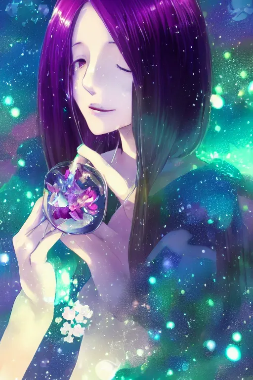 Prompt: whimsical, anime, 4k, beautiful intimate woman with professional makeup, long purple hair, a crystal and flower dress, sitting in on a reflective pond underneath the stars, rainbow fireflies, trending on patreon, deviantart, twitter, artstation, subtle and detailed, heavy contrast, art style of Ross Tran and Ilya Kuvshinov