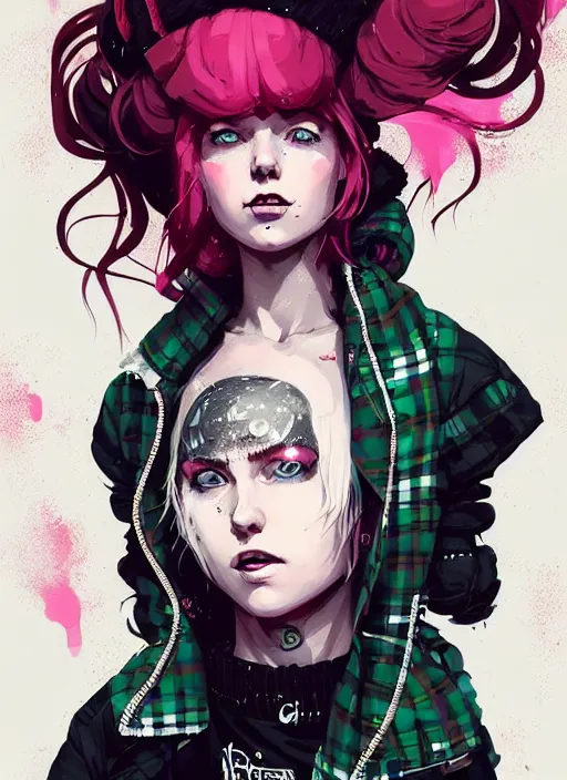 Image similar to highly detailed portrait of a sewer punk lady, tartan hoody, blonde ringlet hair by atey ghailan, by greg rutkowski, by greg tocchini, by james gilleard, by joe fenton, by kaethe butcher, gradient magenta, black, blonde cream and white color scheme, grunge aesthetic!!! ( ( graffiti tag wall background ) )