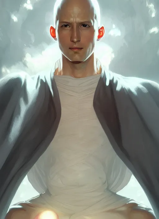 Image similar to ultra realistic illustration, handsome saitama. white cape, intricate, elegant, highly detailed, digital painting, artstation, concept art, smooth, sharp focus, illustration, art by artgerm and greg rutkowski and alphonse mucha and wlop