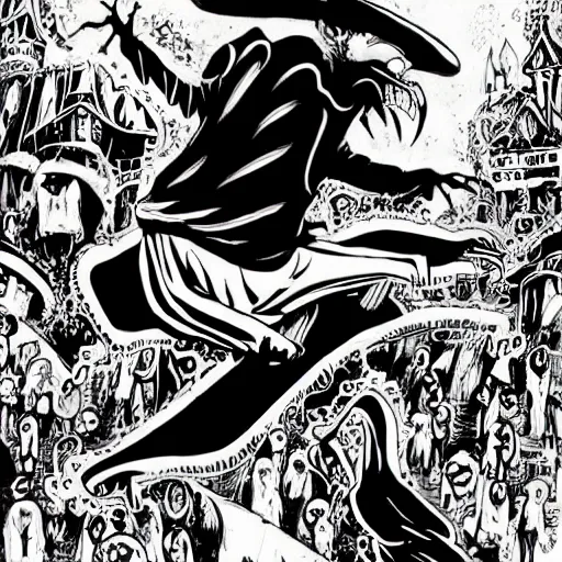 Prompt: black and white trippy comic art of dracula the vampire roller skating on roller skates, drawn by martin rowson, tim burton, studio ghibli, alex pardee, nekro petros afshar, james mcdermott, surrealist, cgsociety 4 k