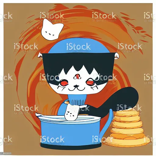 Image similar to vector art illustration, high definition, white background, of a silly cat baking cookies, in the style of anime