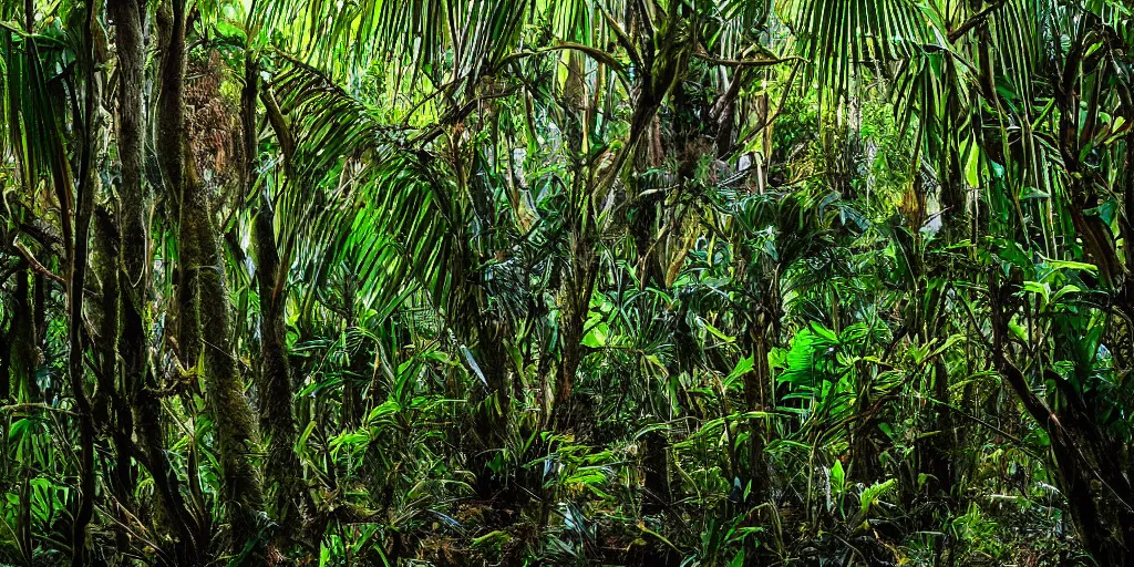 Image similar to great barrier island, new zealand with friendly tree demons watching. lush forest with nikau palms. photograph