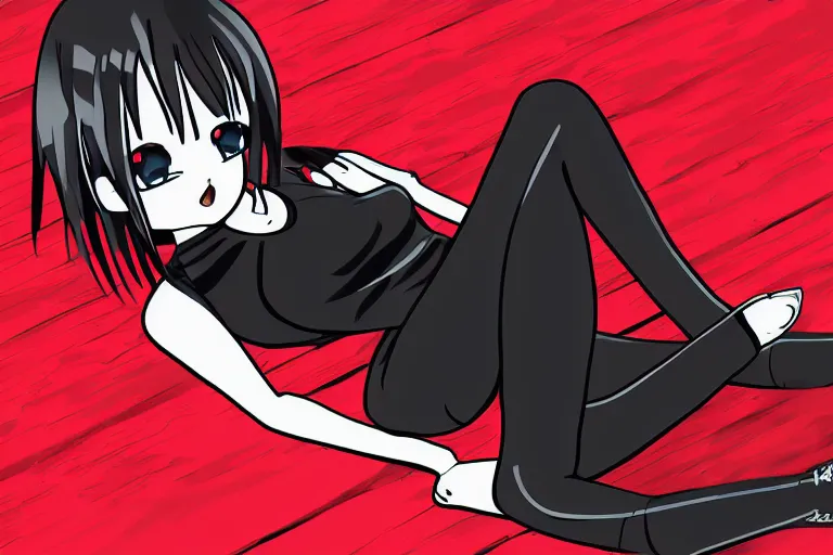 Image similar to a girl laying on her knees, wearing a black outfit with red trim, vector shaded anime style, detailed anime digital art, 4 k