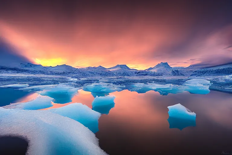 Image similar to landscape photography by marc adamus, glacial lake, jokulsarlon, sunset, lake