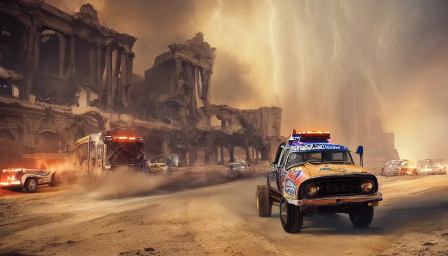 Prompt: truck racing in las vegas's ruins, sandstorm, lightning, fire, hyperdetailed, artstation, cgsociety, 8 k