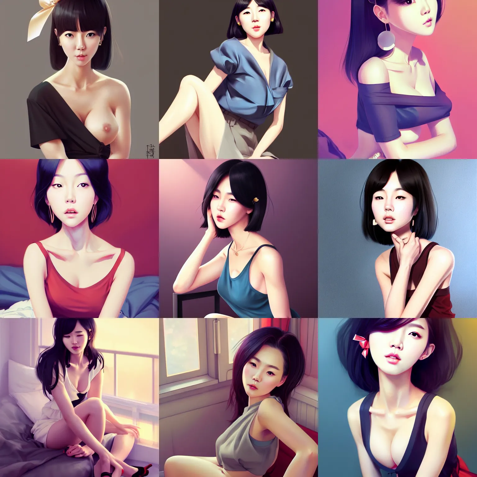 Prompt: sexy korean girl in a low cut blouse and short skirt, seductive pose, shoulder-length hair, ribbon in her hair, earrings, sitting on a bed. highly detailed, digital painting, in the style of artgerm and ilya kuvshinov and ross tran, high definition digital art