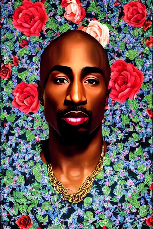 Prompt: Tupac, portrait by Kehinde Wiley!!, roses, oil paint on canvas, brushstrokes,