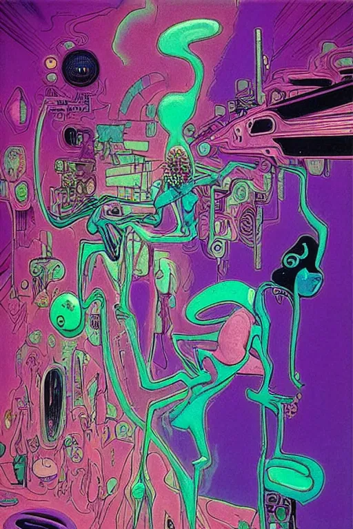 Image similar to ren & stimpy cyberpunk textural fluid lines purple, pink, blue, green. otherworldly vaporwave interesting details fantasy lut epic composition by basquiat zdzisław beksinski james jean artgerm rutkowski moebius francis bacon gustav klimt