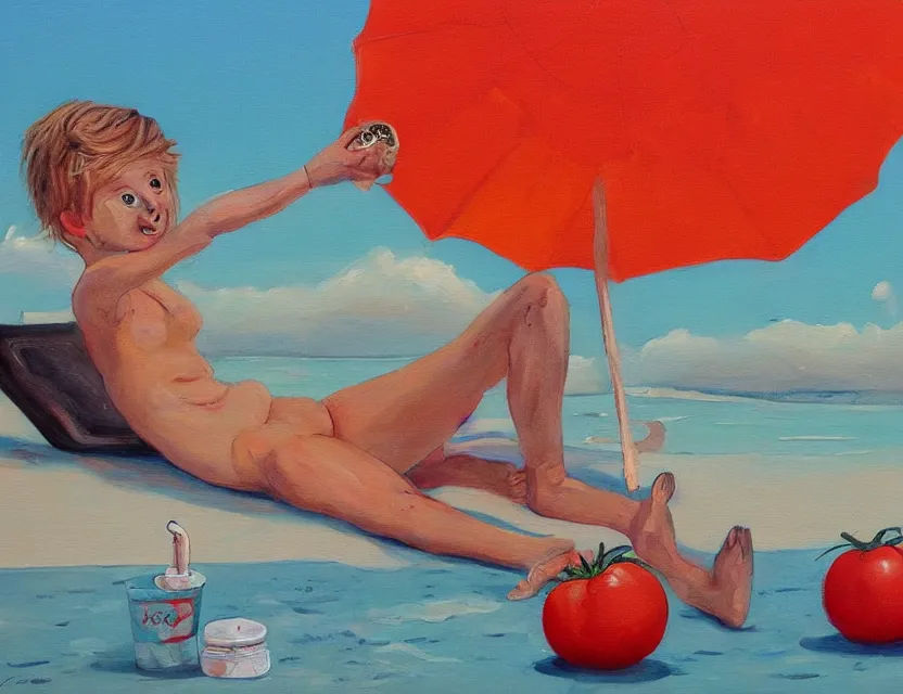 Image similar to a painting of a lazy red tomato with googly eyes on a sunny beach eating ice cream, a sunset by james jean, no human figuration or portrait