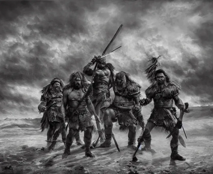 Image similar to barbarian men wait patiently for a storm, art by denys tsiperko and bogdan rezunenko, hyperrealism