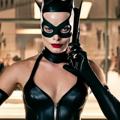 Prompt: Margot Robbie as real-life Catwoman, cinematic, Wide-shot, atmospheric lighting, directed by Quentin Tarantino, extreme detail, 8K, movie still