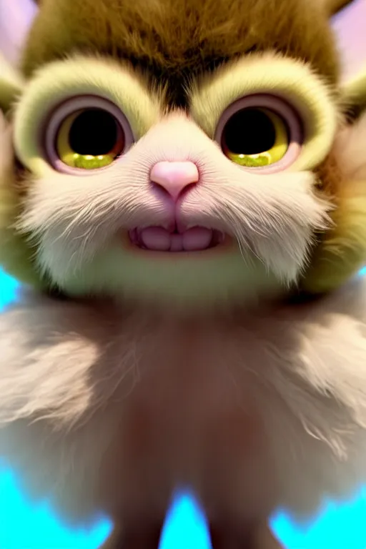 Prompt: high quality 3 d render hyperrealist very cute multipastel fluffy! one - eye cat tarsier hybrid with detailed fluffy wings!!, vray smooth, in the style of detective pikachu, hannah yata charlie immer, dramatic blue light, low angle, uhd 8 k, sharp focus