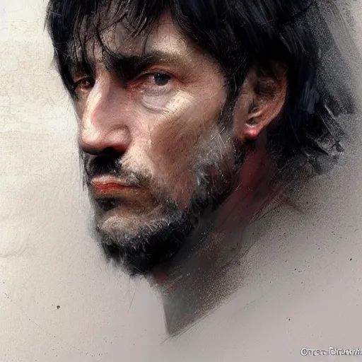 Image similar to Portrait of a man by Greg Rutkowski, he is about 60 years old, short black hair with bangs, his features are a mix between French, Turkish and Russian, dying, expression of epiphany and realization, he is wearing a futuristic tactical gear, highly detailed portrait, digital painting, artstation, concept art, smooth, sharp foccus ilustration, Artstation HQ.