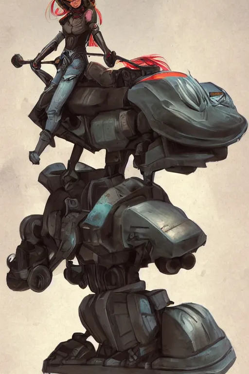 Image similar to Character concept art of a pretty girl riding on the back of a giant battlerobot