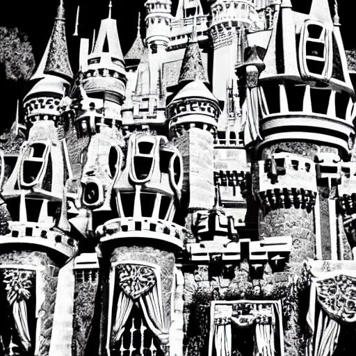 Prompt: the Disney castle made of skulls and bones, nightmare, black and white