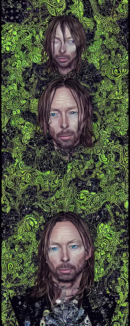 Image similar to disco diffusion portrait of Thom Yorke, hiding in the bushes looking shifty:: cosmic tarot card, intricate fractal details, broken physics, fanciful floral mandelbulb, black paper, style of wes anderson