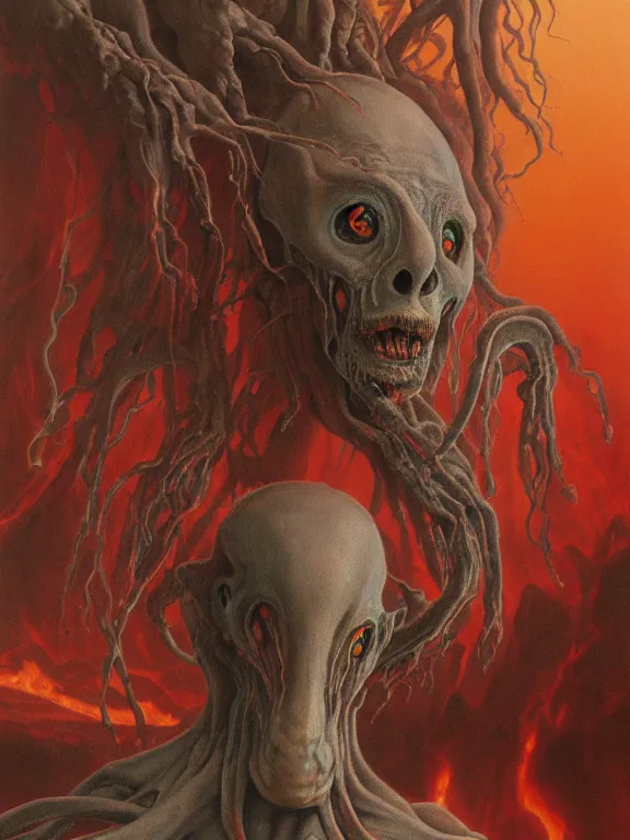 Image similar to wayne barlowe painting of a flying sorrowful looking severed human head with tears running down it's eyes, face that is chalk white in color, with long white tentacles stemming from it's neck, fiery scorching red eyes, background sprawling terrifying hellish cave with lava flowing through it's walls, 4 k