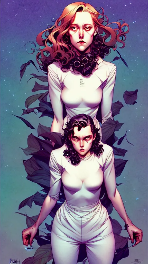 Prompt: artgerm, joshua middleton comic cover art, pretty full body serial killer maika monroe creepy smiling, full body, symmetrical eyes, symmetrical face, long curly brown hair, standing in front of an abandoned house background