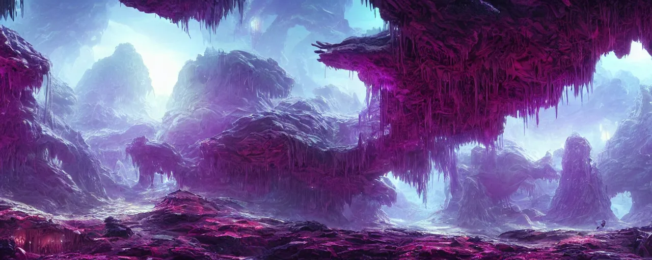 Prompt: ” crystal caverns alien landscape, [ beautiful, cinematic, detailed, epic, widescreen, opening, establishing, mattepainting, photorealistic, realistic textures, octane render, art by slop and paul lehr ] ”