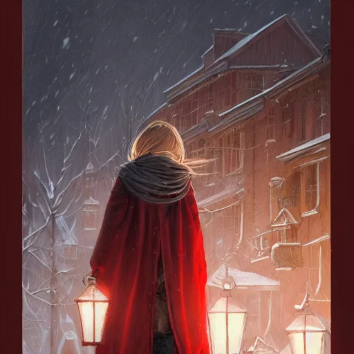 Image similar to blond girl in red cloak walks through snowy village by lamplight, detailed intricate ink illustration, dark atmosphere, detailed illustration, hd, 4k, digital art, overdetailed art, concept art, by greg rutkowski, by loish, complementing colors, Trending on artstation, deviantart