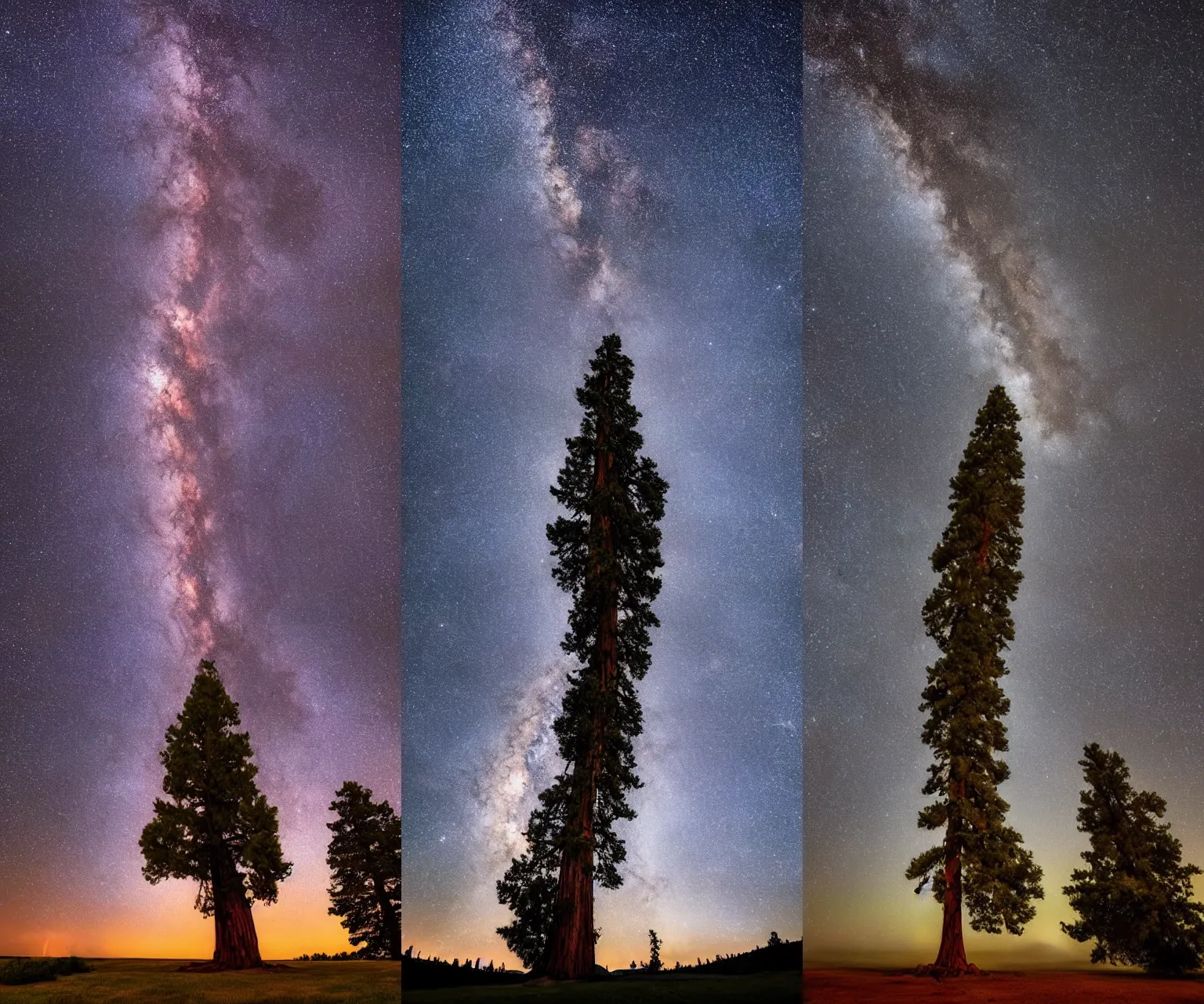 Prompt: beautiful nighttime landscape photography of a Sequoia tree with serene, dramatic lighting, milky way galaxy