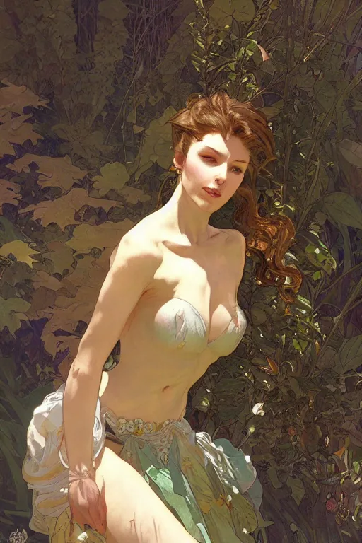 Image similar to beautiful natural coy cottagecore goddess maiden, master drawing, intricate, elegant, highly detailed, digital painting, artstation, concept art, smooth, sharp focus, illustration, art alphonse mucha and james gurney and craig mullins and wlop