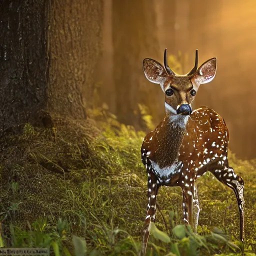 Image similar to a beautiful spotted deer in the woods lit by the morning sky, sunrise, chital, photorealistic, by annie leibovitz and steve mccurry, natural light, canon eos c 3 0 0, ƒ 1. 8, 3 5 mm, 8 k, medium - format print