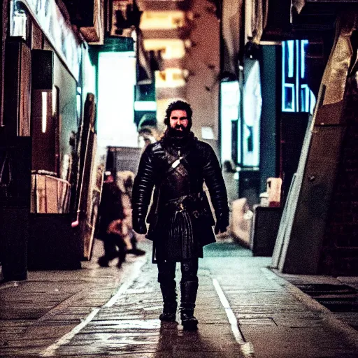 Image similar to jon snow walking on the sidewalk in a cyberpunk city late at night, wide - angle, photographed on colour expired film, detailed photograph