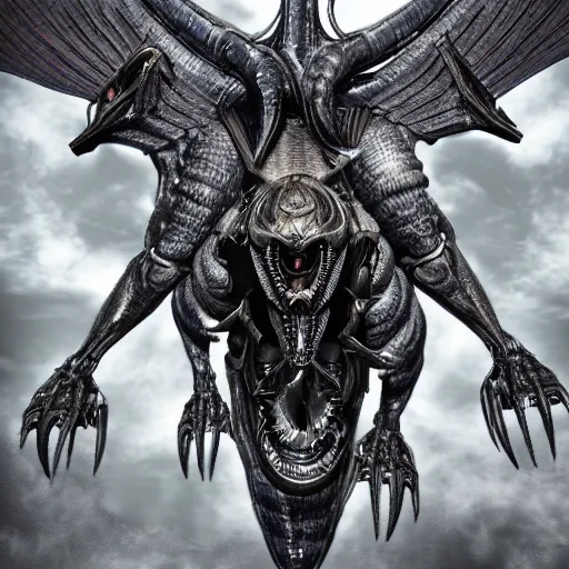 Image similar to realistic photo of an heroic pegasus with demon wings, evil eyes and venom's mouth, hr giger style, biomechanical, 4k, no artifacts