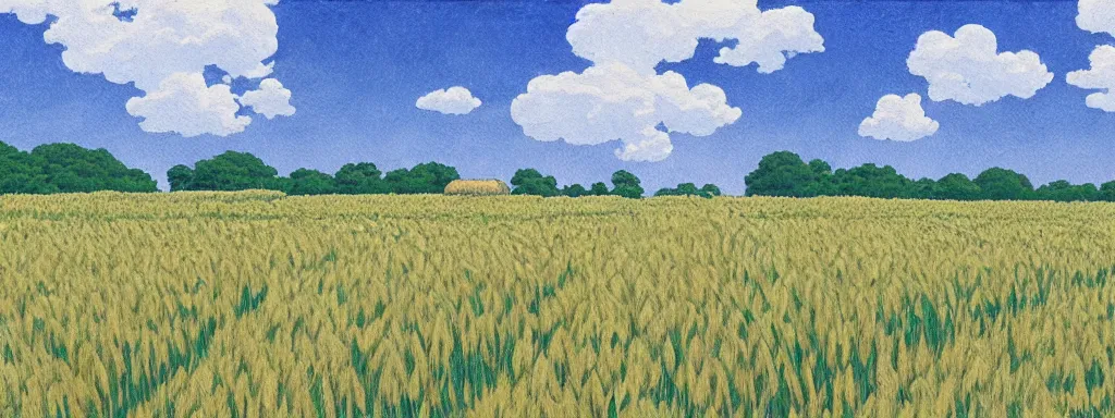 Image similar to wheat farm field, landscape, very detailed, art by Studio Ghibli