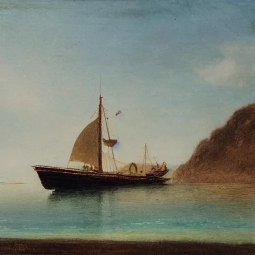 Prompt: a ship docking on the beach next to an island, in the style of edwin austin abbey