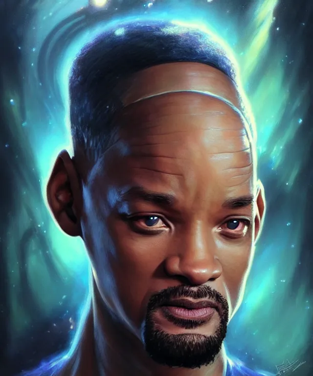 Image similar to Will Smith as a fantasy magic man portrait, sci-fi, amber eyes, face, fantasy, intricate, elegant, highly detailed, digital painting, artstation, concept art, smooth, sharp focus, illustration, art by artgerm and greg rutkowski and alphonse mucha