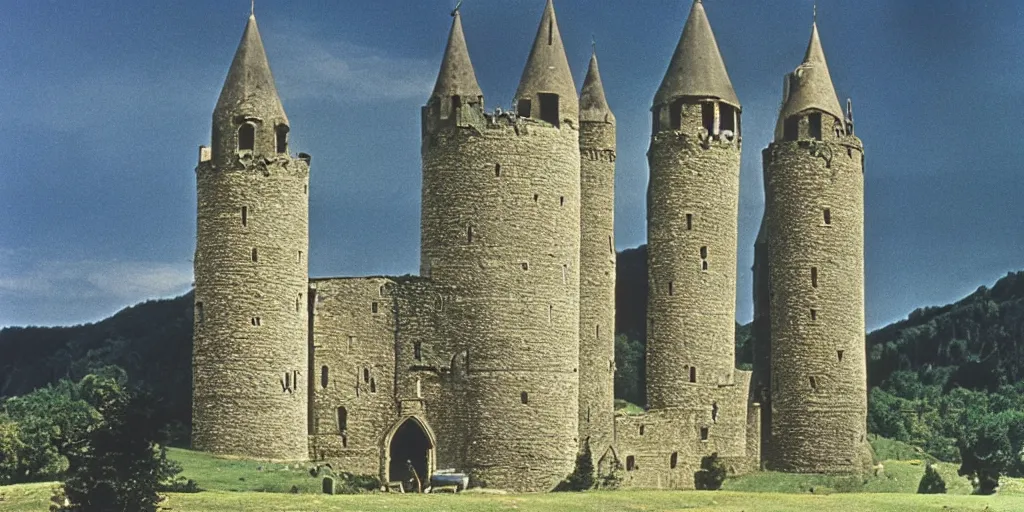 Image similar to A full color still from a Stanley Kubrick film featuring a a large black medieval tower in a green valley, 35mm, 1975