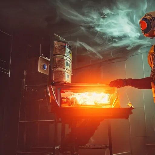 Image similar to cyborg toaster oven repairman, dark messy smoke - filled cluttered workshop, dark, dramatic lighting, orange tint, sparks, plasma rays, cinematic, highly detailed, sci - fi, futuristic, movie still