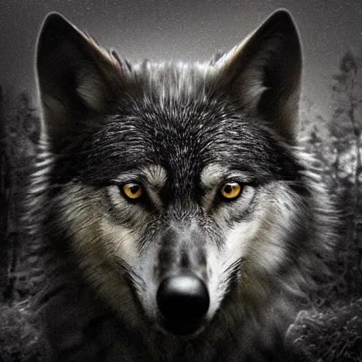 Image similar to mixture between an crow and! wolf, photograph captured in a dark forest, realistic