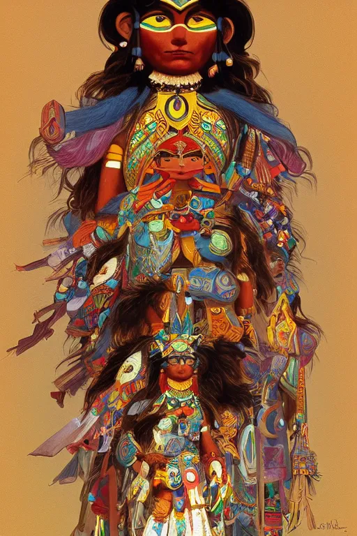 Image similar to A beautiful painting of Hopi kachina dolls, symmetrical features, cinematic lighting, soft bokeh, fantasy, modern, colourful, highly detailed, digital painting, artstation, deviantart, concept art, sharp focus, illustration, by alphonse mucha