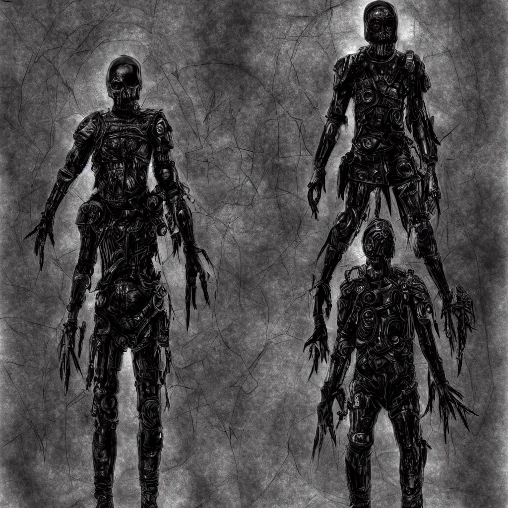 Prompt: full-body dark creepy cybergoth realistic diagram drawing central composition a decapitated soldier with futuristic elements. he welcomes you with no head, dark dimension, empty helmet inside is occult mystical symbolism headless full-length view. standing on ancient altar eldritch energies disturbing frightening terrifying darkness, hyper realism, 8k, sharpened depth of field, 3D